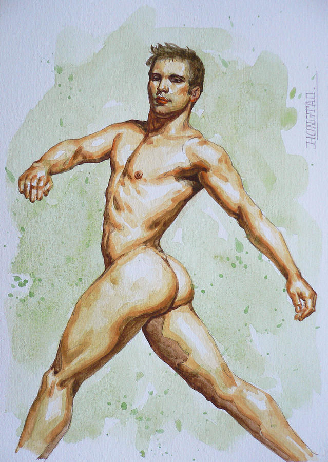 Original Watercolor Painting Drawing Artwork Male Nude Man On Paper #603 Painting by Hongtao Huang