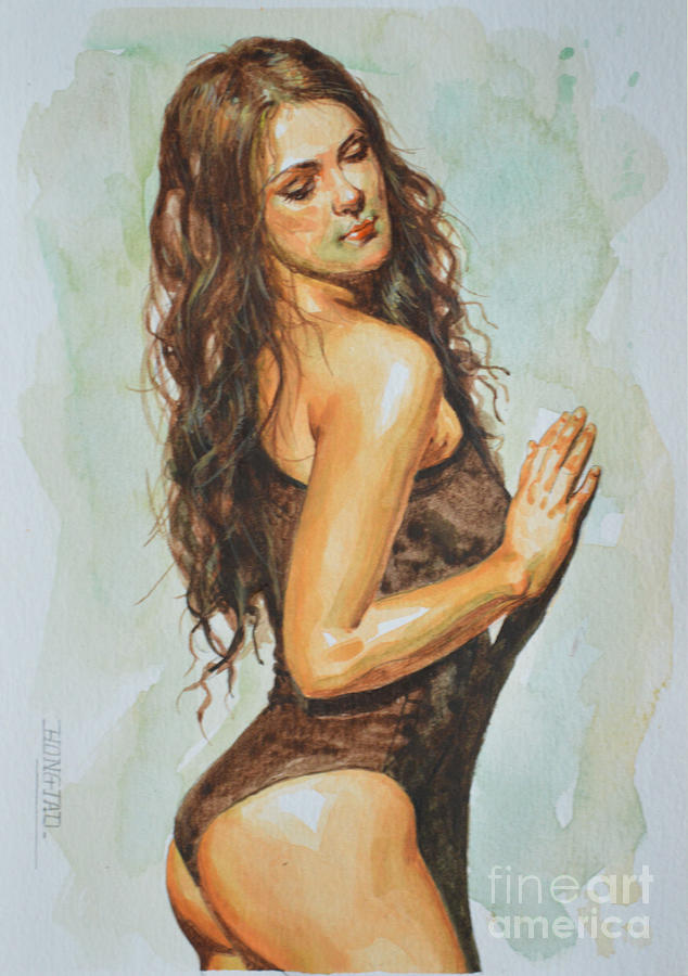 Original Watercolor Painting Drawing Female Nude Sexy Girl Woman On Paper #7-1-7 Painting by Hongtao Huang