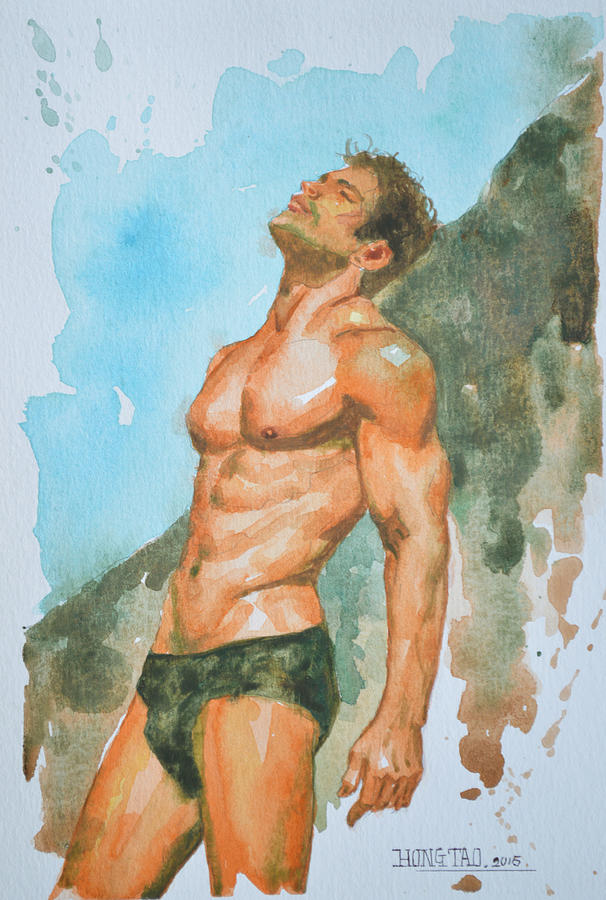 Original Watercolor Painting Drawing Male Nude Gay Interest Man On Paper #7-1-5 Painting by Hongtao Huang