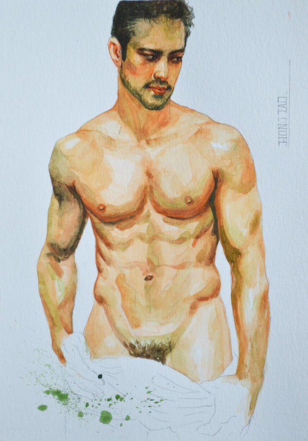Original Watercolor Painting  Drawing Male Nude Gay Interest Man On Paper #7-1-9 Painting by Hongtao Huang