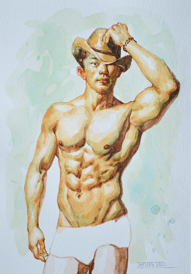 Original Watercolor Painting Drawing Male Nude Man Body Gay Interest On Paper #602 Painting by Hongtao Huang
