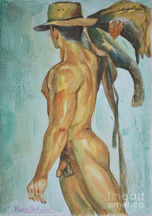 Original Watercolor Painting Man Body Art Male Nude Cowboy On Paper -065 Painting by Hongtao Huang