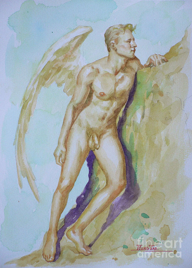Original Watercolour Angel Of  Male Nude On Paper#16-10-6-04 Painting by Hongtao Huang
