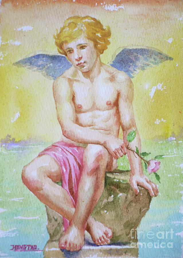 Original Watercolour Angel Of Nude Boy On Paper#16-11-2-01 Drawing by Hongtao Huang