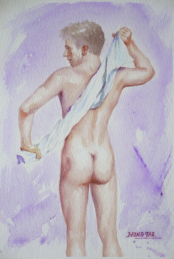 Original Watercolour Male Nude Bather On Paper#16-10-6-01 Painting by Hongtao Huang