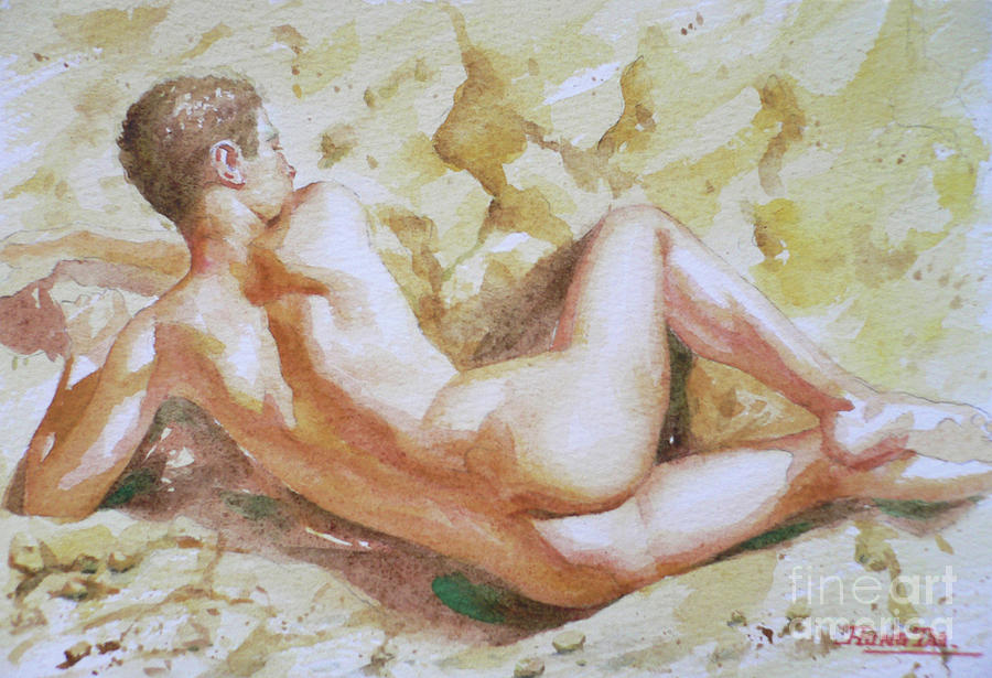 Original Watercolour Male Nude Men On Paper#16-11-6 Drawing by Hongtao Huang
