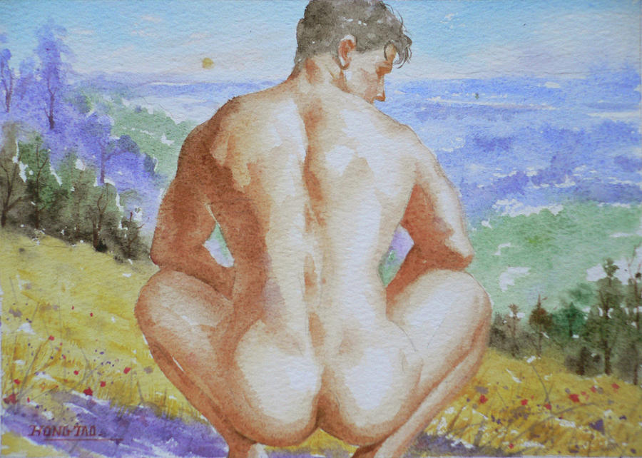 Original Watercolour Male Nude Men Outdoor On Paper#16-11-2 Drawing