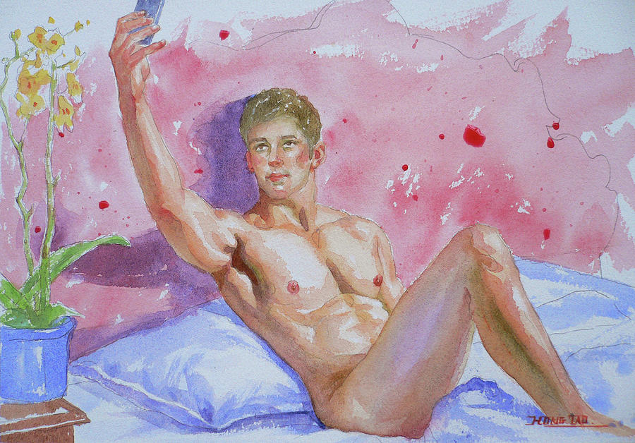 Original Watercolour  Male Nude Take A Photo #17529 Painting by Hongtao Huang