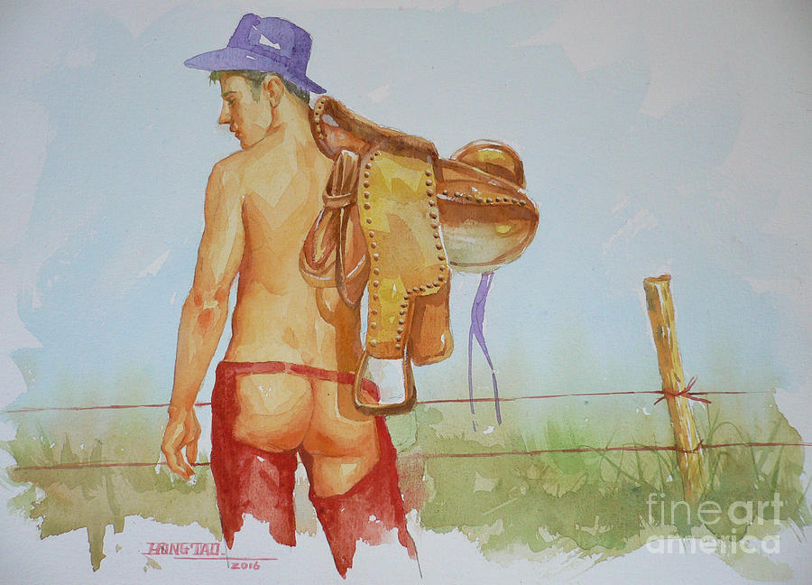Original Watercolour Painting Art Cowboy Men On Paper #16-2-5-40 Painting by Hongtao Huang