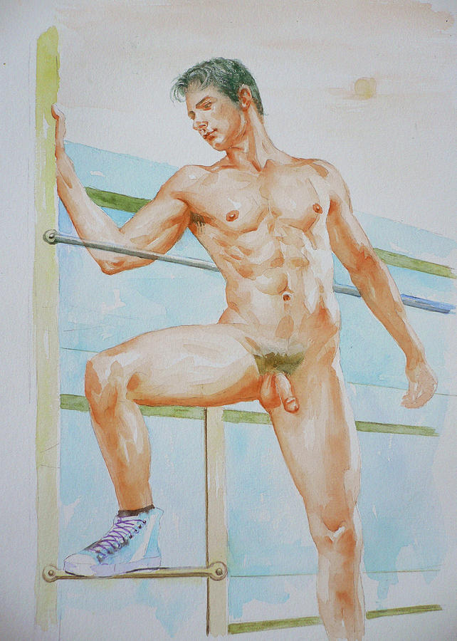 Original Watercolour Painting Art Male Nude Boy On Paper #16-3-10 Painting by Hongtao Huang