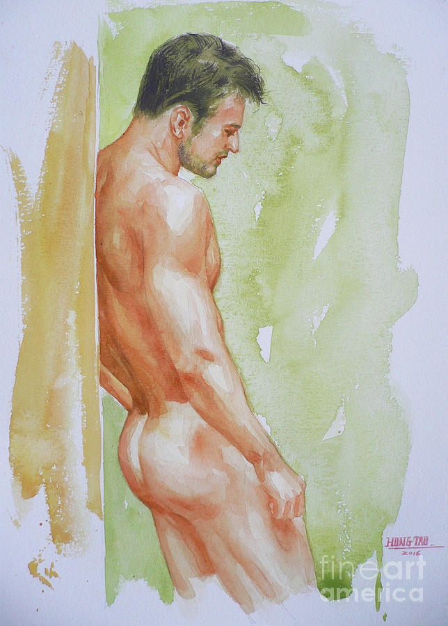 Original Watercolour Painting Art Male Nude By The Wall  On Paper #16-3-10-01 Painting by Hongtao Huang