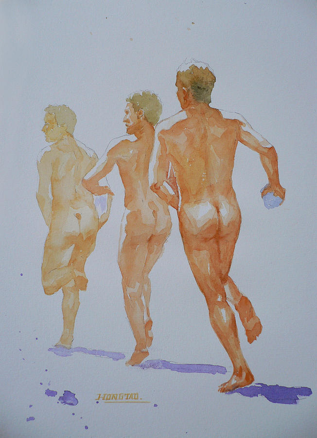 Original Watercolour Painting Art Male Nude Gay Men On Paper #16-1-19-03 Painting by Hongtao Huang