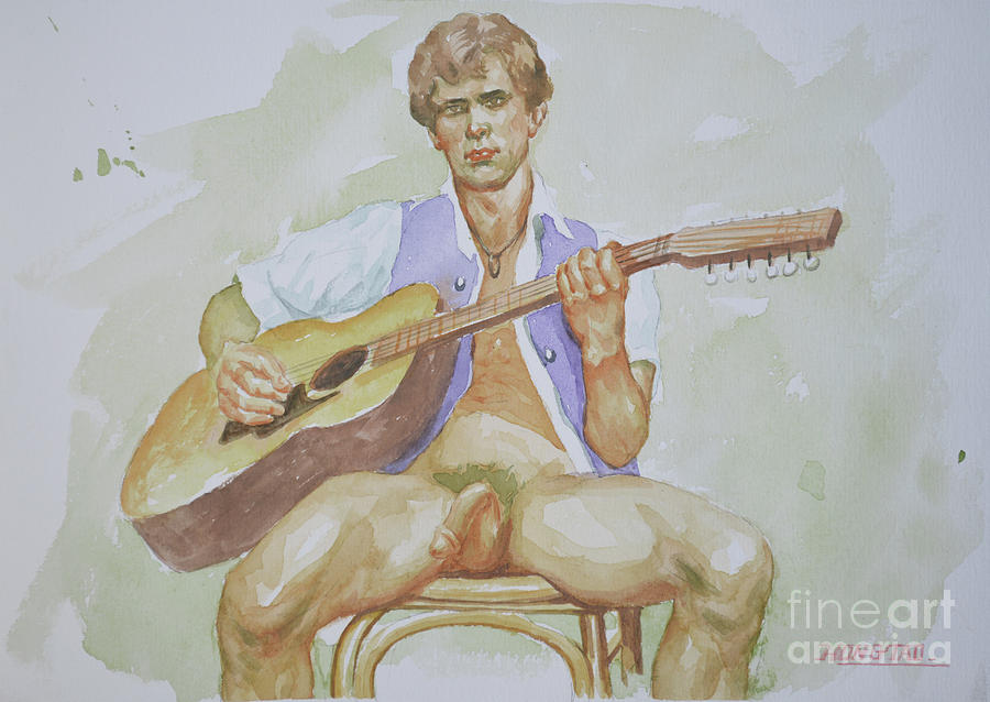 Original Watercolour Painting Art Male Nude Man And Guitaron Paper#16-1-25 Painting by Hongtao Huang