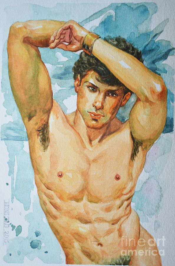 Original Watercolour Painting Art Male Nude Man On Paper #16-1-26-06 Painting by Hongtao Huang