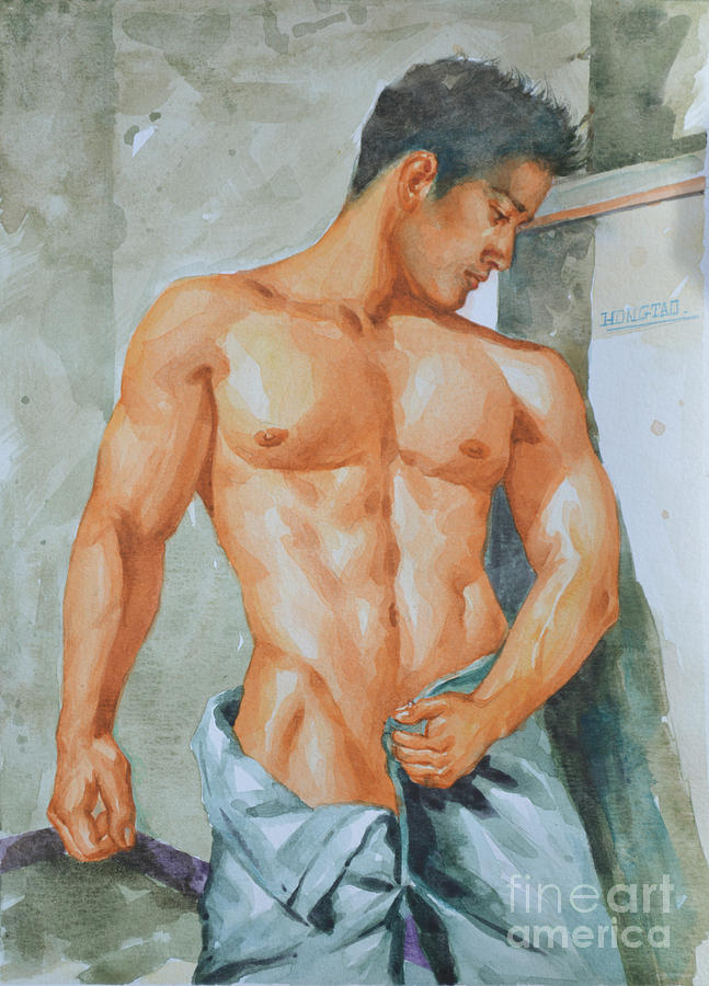 Original Watercolour Painting Art Male Nude Man On Paper#16-1-25-01 Painting by Hongtao Huang