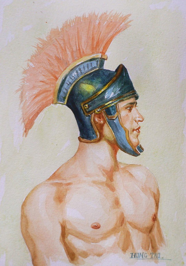 Original Watercolour Painting Art Male Nude Portrait Of General  On Paper #16-3-4-19 Painting by Hongtao Huang