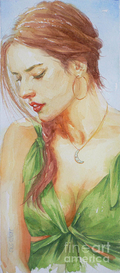 Original Watercolour Painting Art Portrait Of Girl On Paper #16-1-26-09 Painting by Hongtao Huang