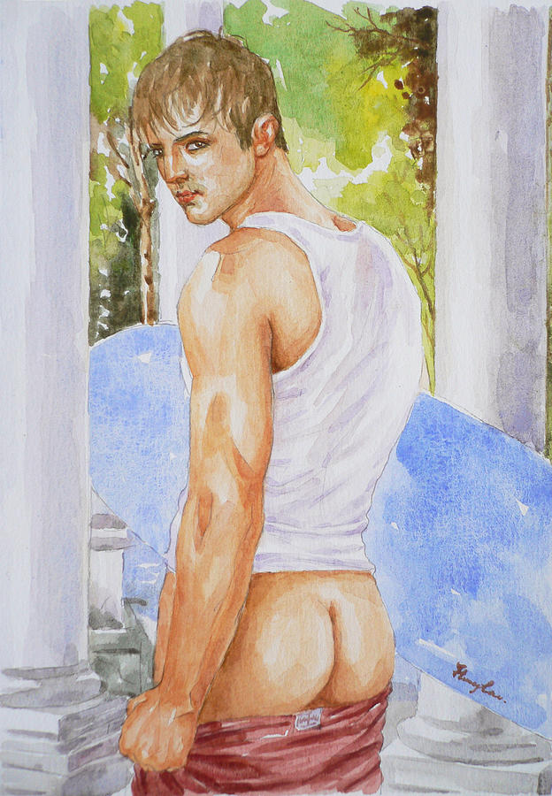 Original Watercolour Painting Art Young Man Male Nude Boy  On Paper #16-1-26-07 Painting by Hongtao Huang