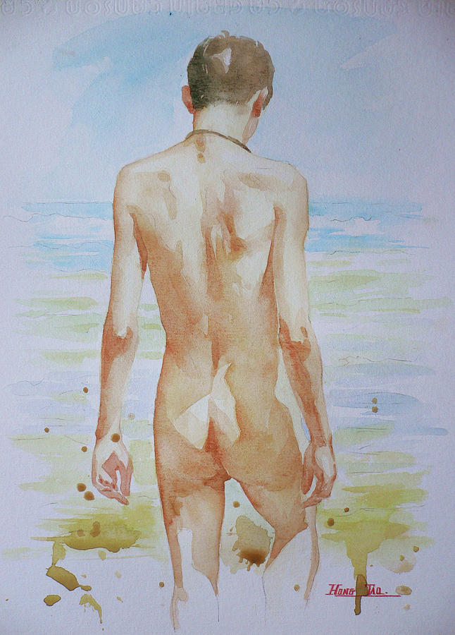Original Watercolour Painting Boy Nude On Paper#16-9-19 Painting by Hongtao Huang