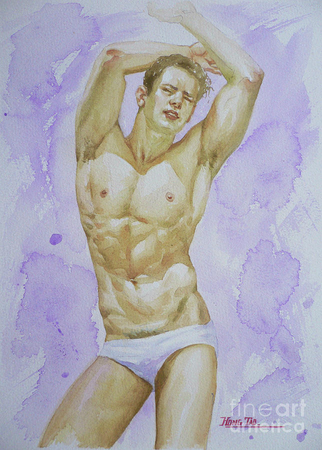 Original Watercolour Painting Male Nude Man On Paper#16-10-5 Drawing by Hongtao Huang