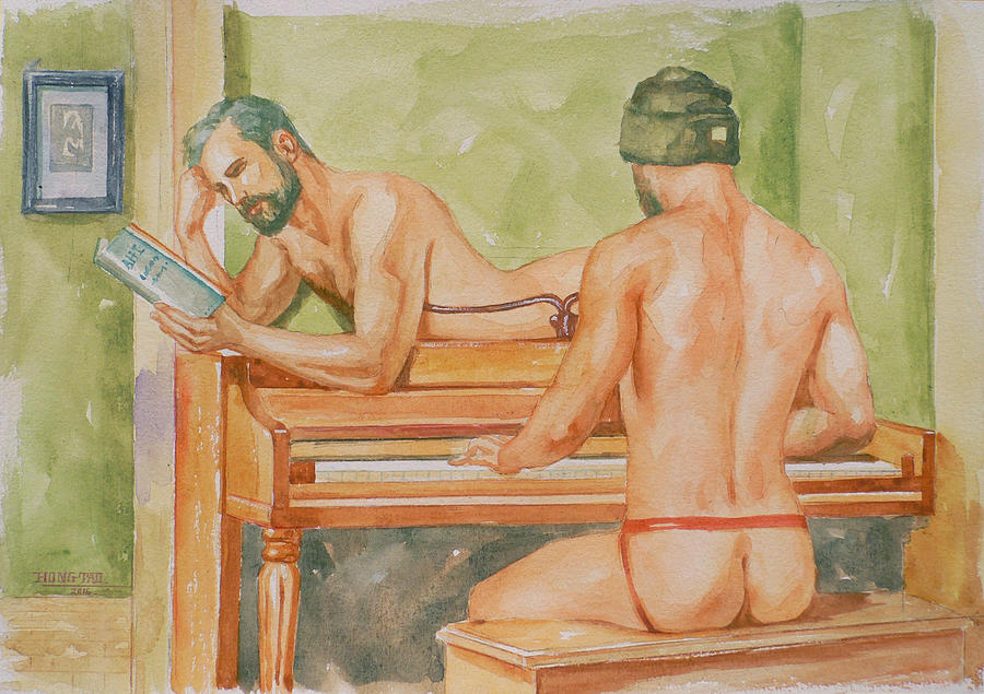 Original Watercolour Painting Male Nude Paly Piano On Paper #16-3-11-07 Painting by Hongtao Huang