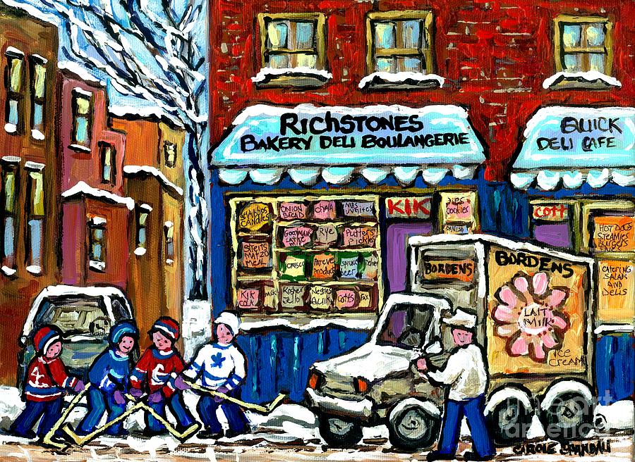 Hockey Painting - Original Winter Scene Painting For Sale Montreal Memories Richstone Bakery Bordens Milkman Hockey  by Carole Spandau