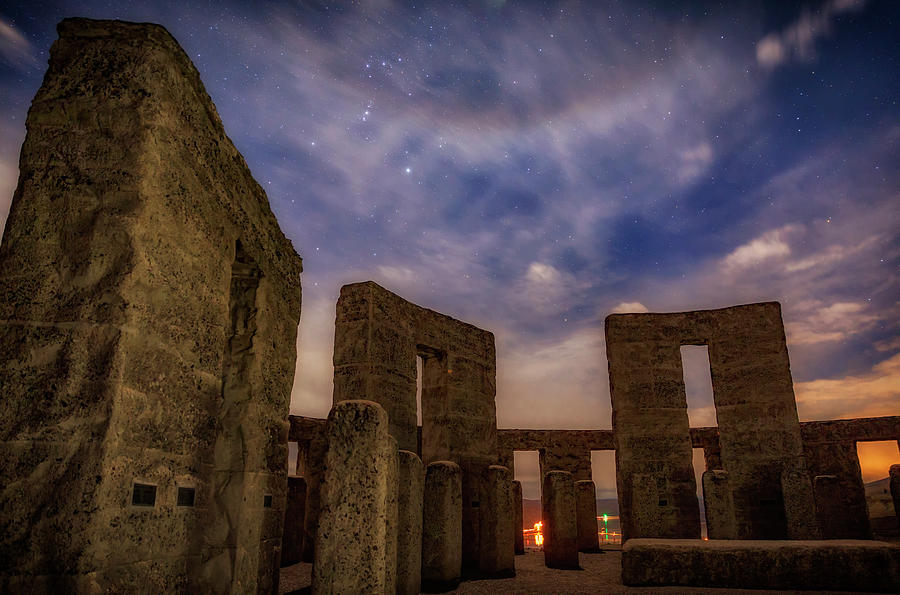 Architecture Photograph - Orion over Stonehenge Memorial by Cat Connor