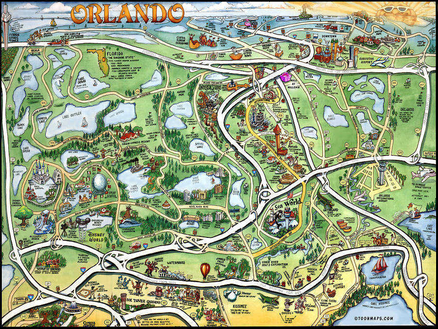 Orlando Florida Cartoon Map Digital Art by Kevin Middleton