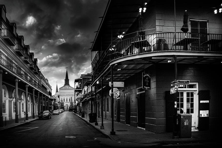 Orleans Street To St Louis Cathedral In Black and White Photograph by Greg and Chrystal Mimbs