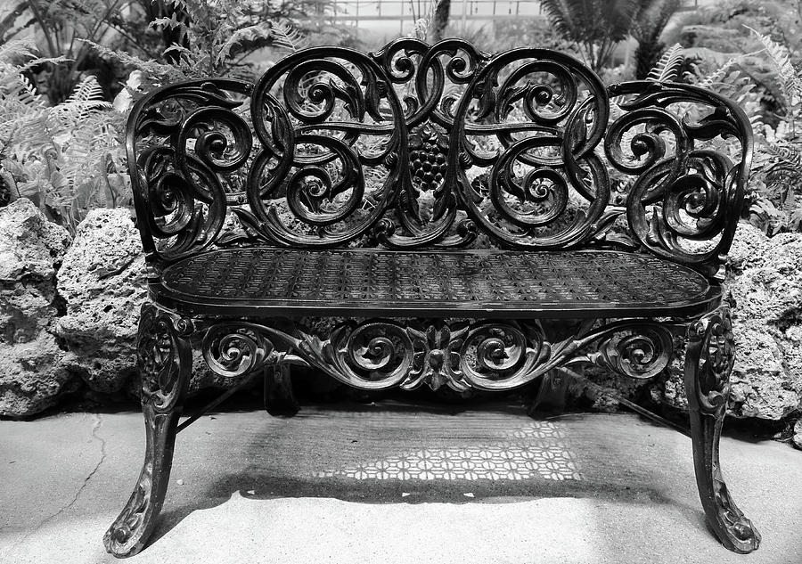 Ornate Antique Bench Belle Isle BW Photograph by Mary Bedy