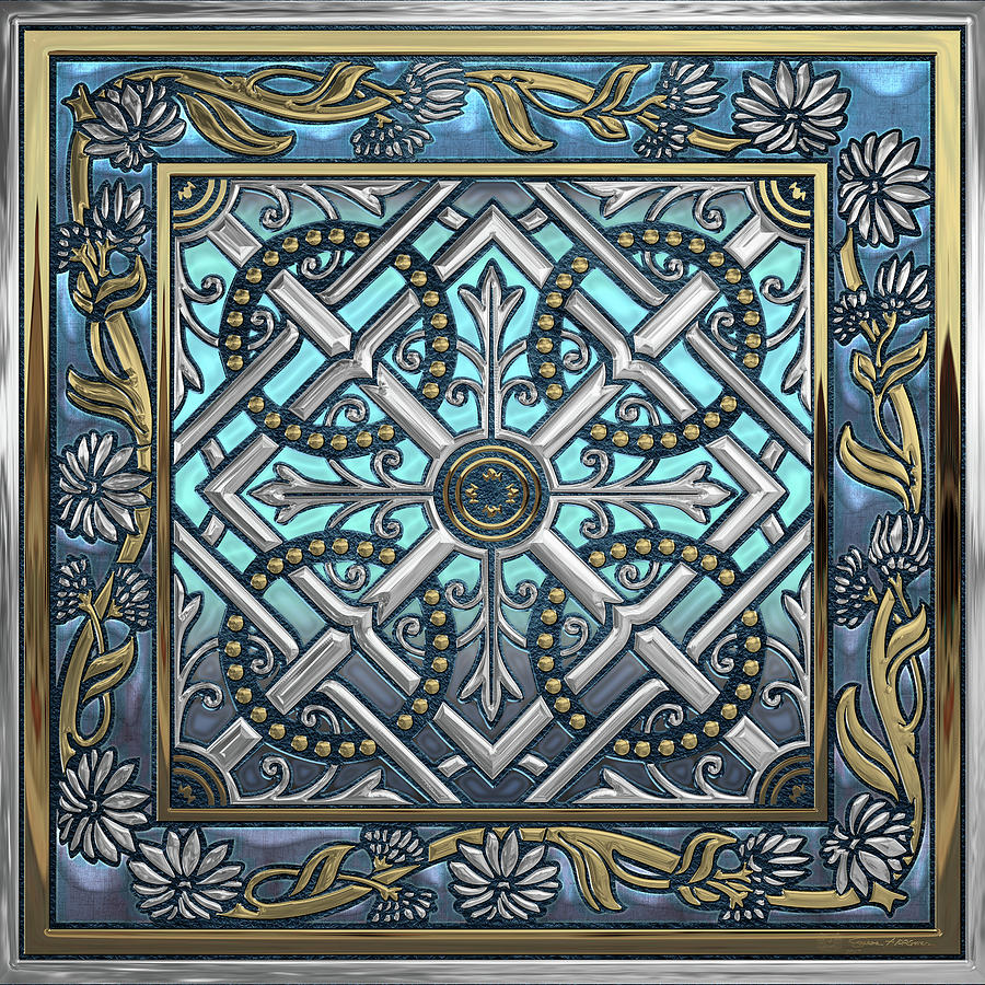 Ornate Medieval Sacred Celtic Cross over Blue Leather  Digital Art by Serge Averbukh