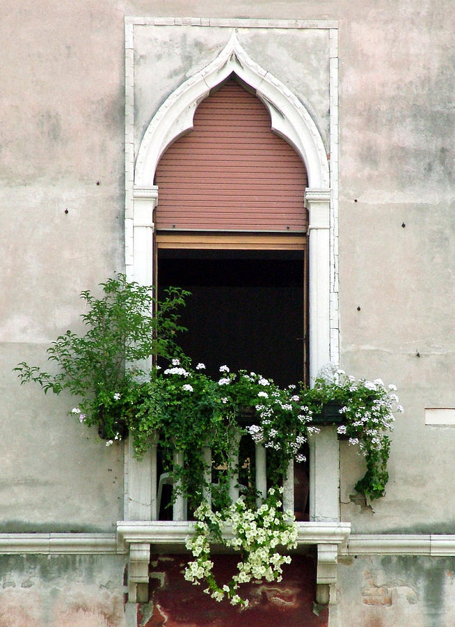 Ornate Window with Red Shutters Photograph by Donna Corless