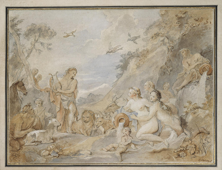 Orpheus Charming the Nymphs, Dryads, and Animals Drawing by Charles-Joseph Natoire