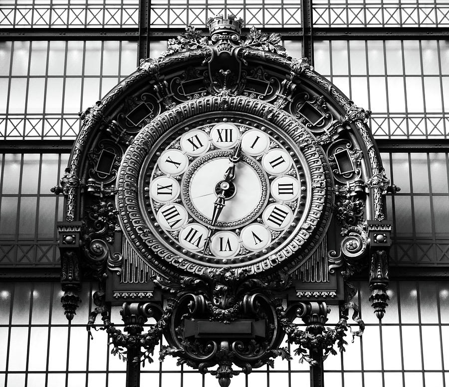 Orsay Museum Great Ornate Interior Gold Clock Masterpiece by Victor Laloux Paris Black and White Photograph by Shawn OBrien