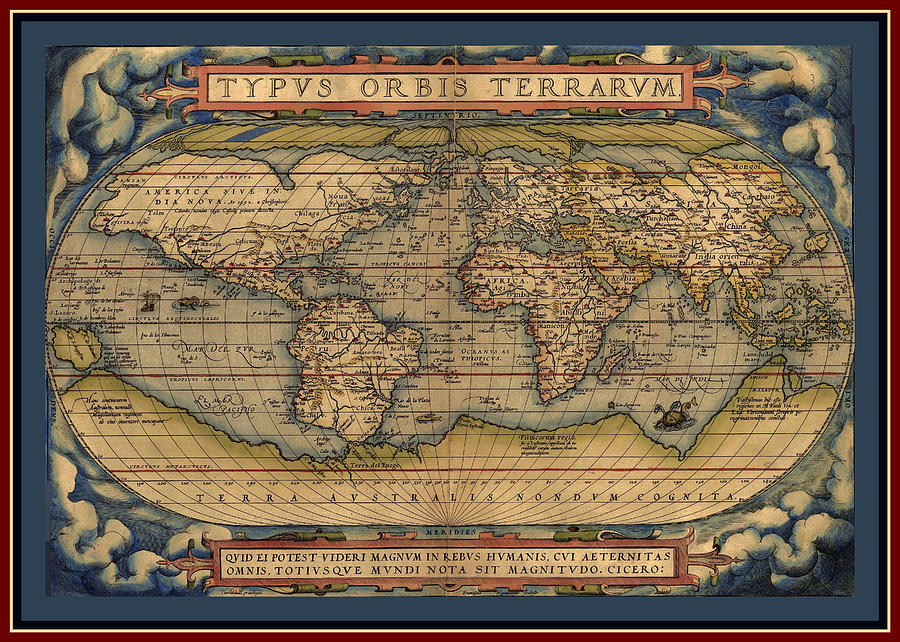 Map Photograph - Ortellius World Map 1570 A.D. with contrasting quadruple border enhanced by L Brown