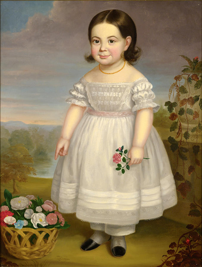 Portrait of a Little Girl in White Dress with Basket of Flowers Painting by Attributed to Hannah Fairfield
