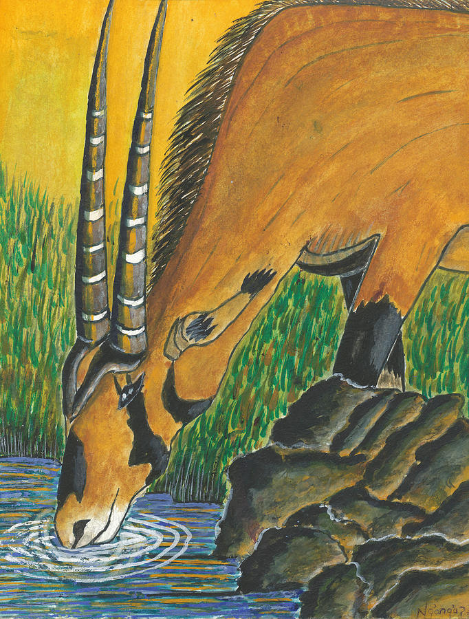 Animal Painting - Orx Drinking by Ken Nganga
