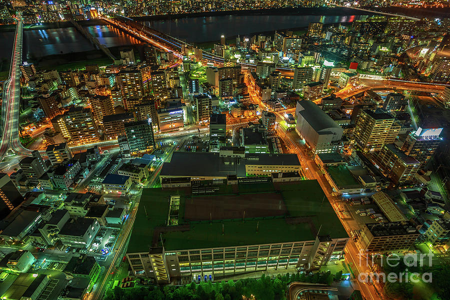 Osaka nightscape aerial Photograph by Benny Marty