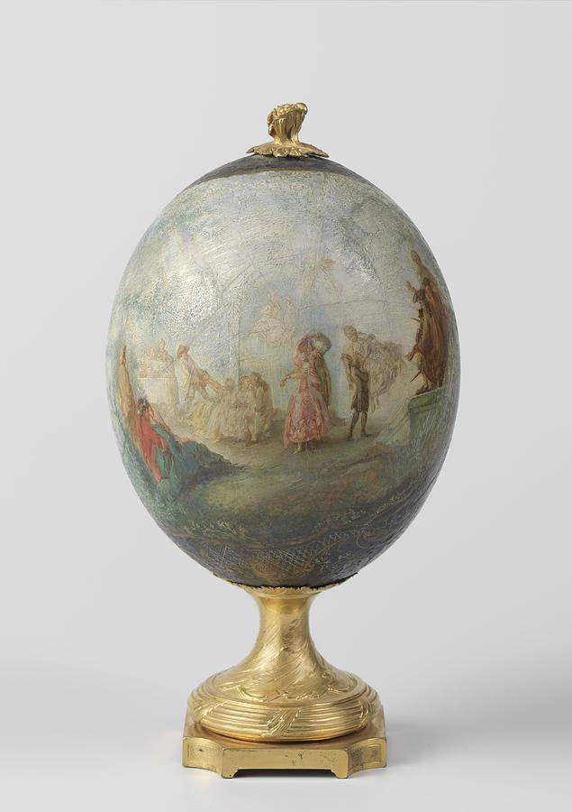 Ostrich egg on the basis of gilded bronze  with painted depiction of a dance in the open air with or Painting by Vintage Collectables