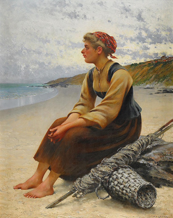 Ostronplockerskor on the beach Painting by August Hagborg