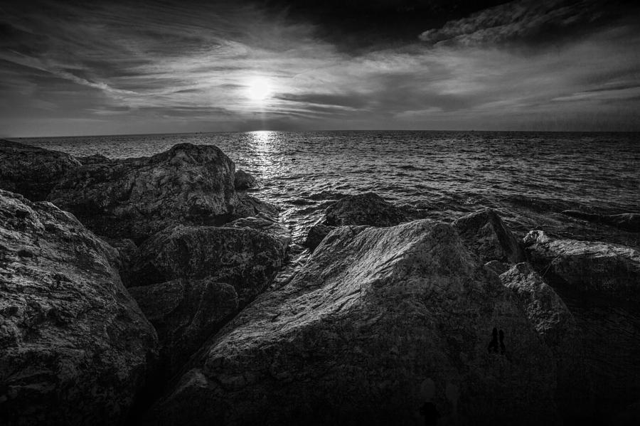 Ottawa Beach Sunset in Black and White from the Channel Rocks Photograph by Randall Nyhof
