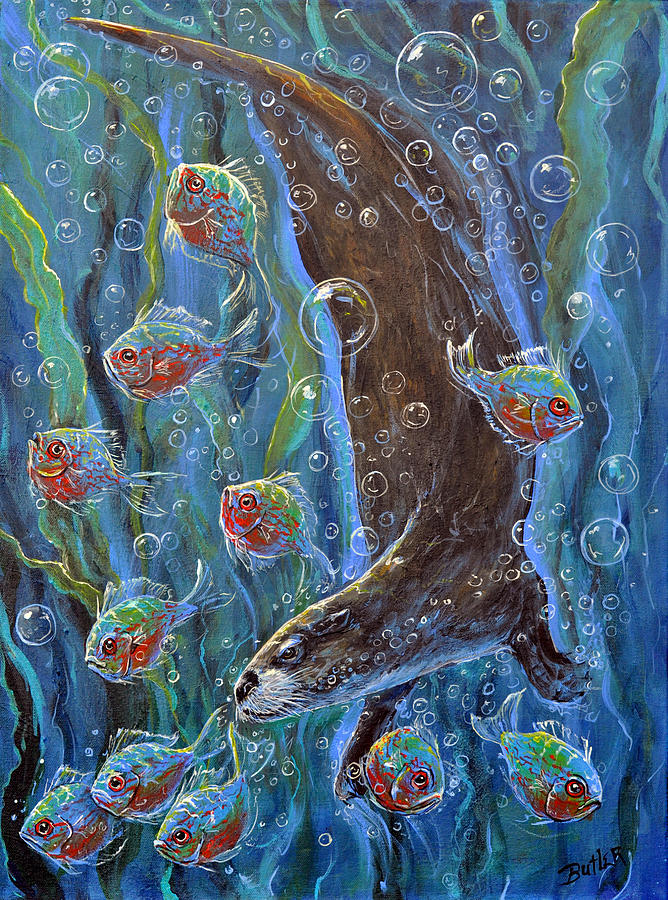 Otter Chaos Painting by Gail Butler