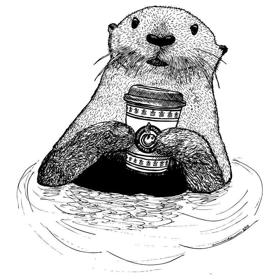 Wildlife Drawing - Otter Drinking Coffee by Karl Addison