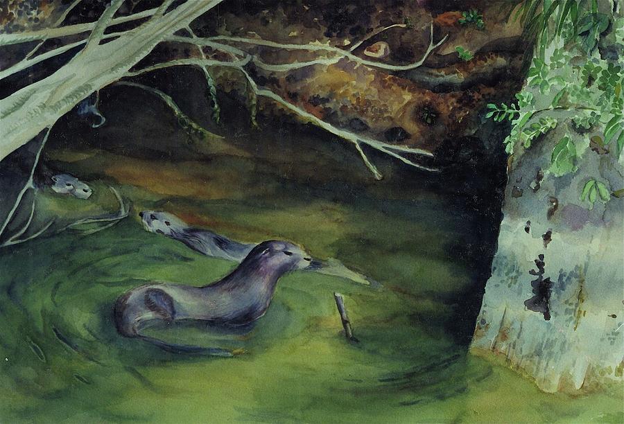 Otters in Dora Passage Painting by Judy Swerlick