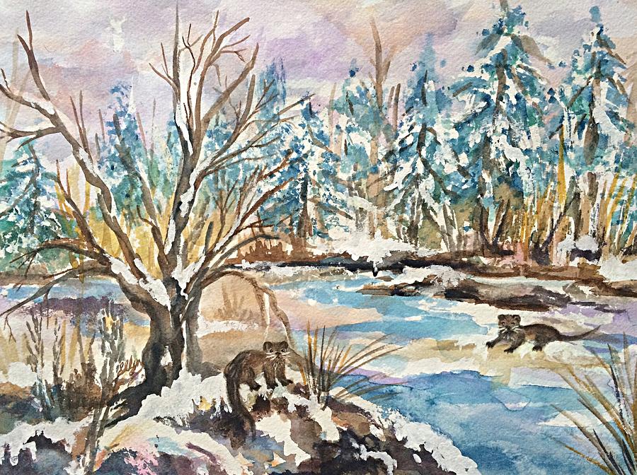 Otters in Winter Woods Painting by Ellen Levinson