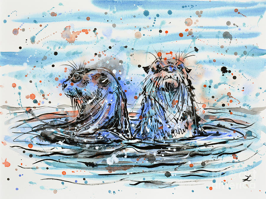 Otters Painting by Zaira Dzhaubaeva