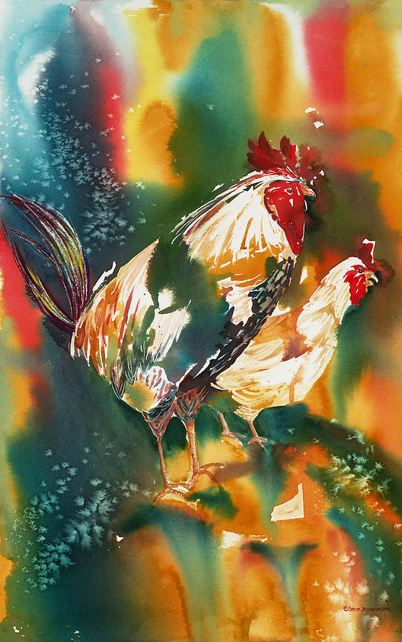 Our Neighbors Roosters Painting by Tara Moorman