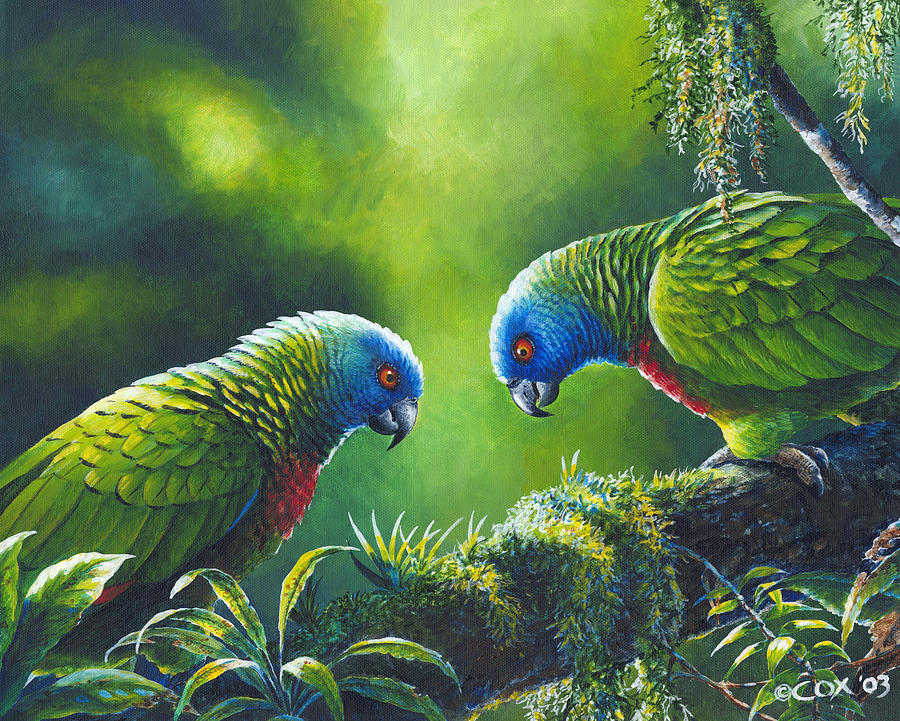 Out on a Limb - St. Lucia Parrots Painting by Christopher Cox
