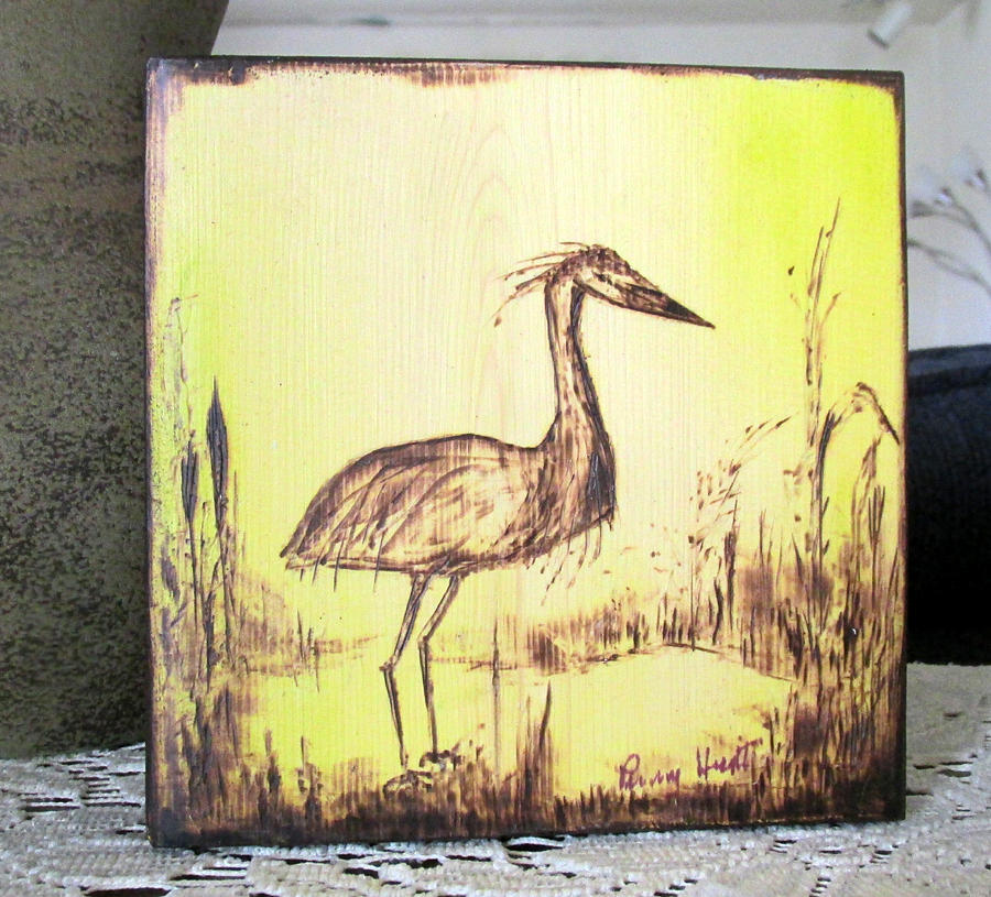 Out to Dinner Blue Heron Pyrography Pyrography by Penny Hunt