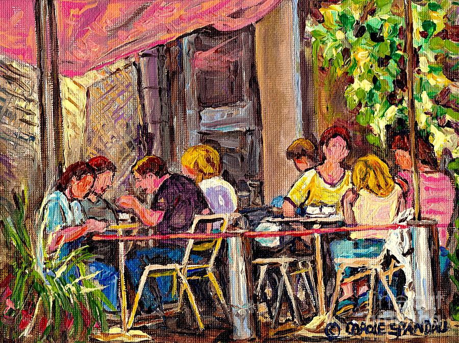 Outdoor Cafe Paintings Paris Style Sidewalk Terrace Rue St Denis Original Bistro Art Carole Spandau  Painting by Carole Spandau
